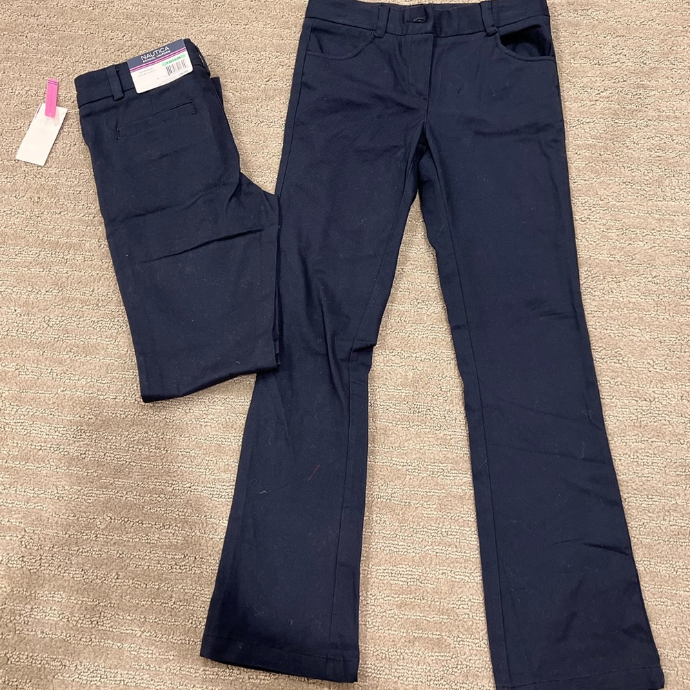 NWT Nautica Girls Skinny Bootcut Navy Uniform Pants Sz 8 Regular